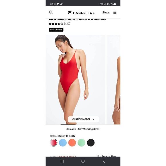 New Large Fabletics Sweet Cherry Red Low Back OnevPiece Swimsuit Bathing Suit - Picture 2 of 8